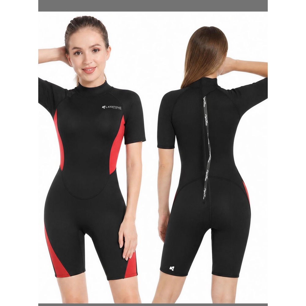 LayaTone Shorty Wetsuit Women XL Black Red Excellent 2mm Neoprene Back Zip
